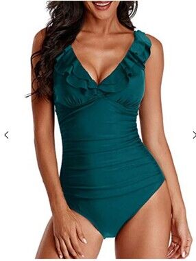NWT Holipick Vneck Teal Ruffle One Piece Slimming Swimsuit M Tummy Control